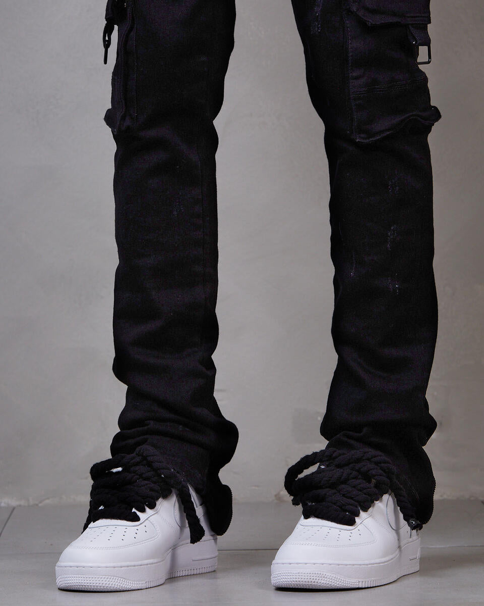 Gftd La Virgo Jet Black Stacked Flare Jeans With Zipper