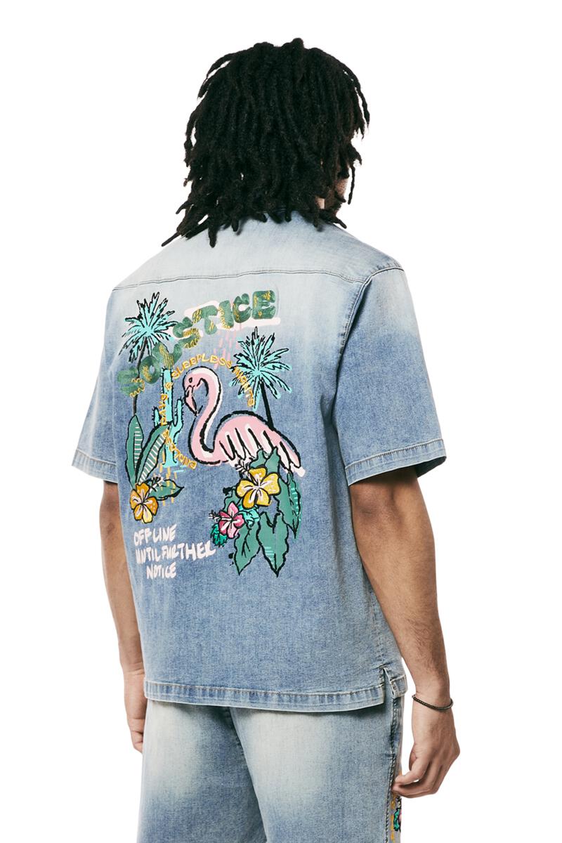 Smoke Rise Tropical Doodle Denim Malibu Shirt