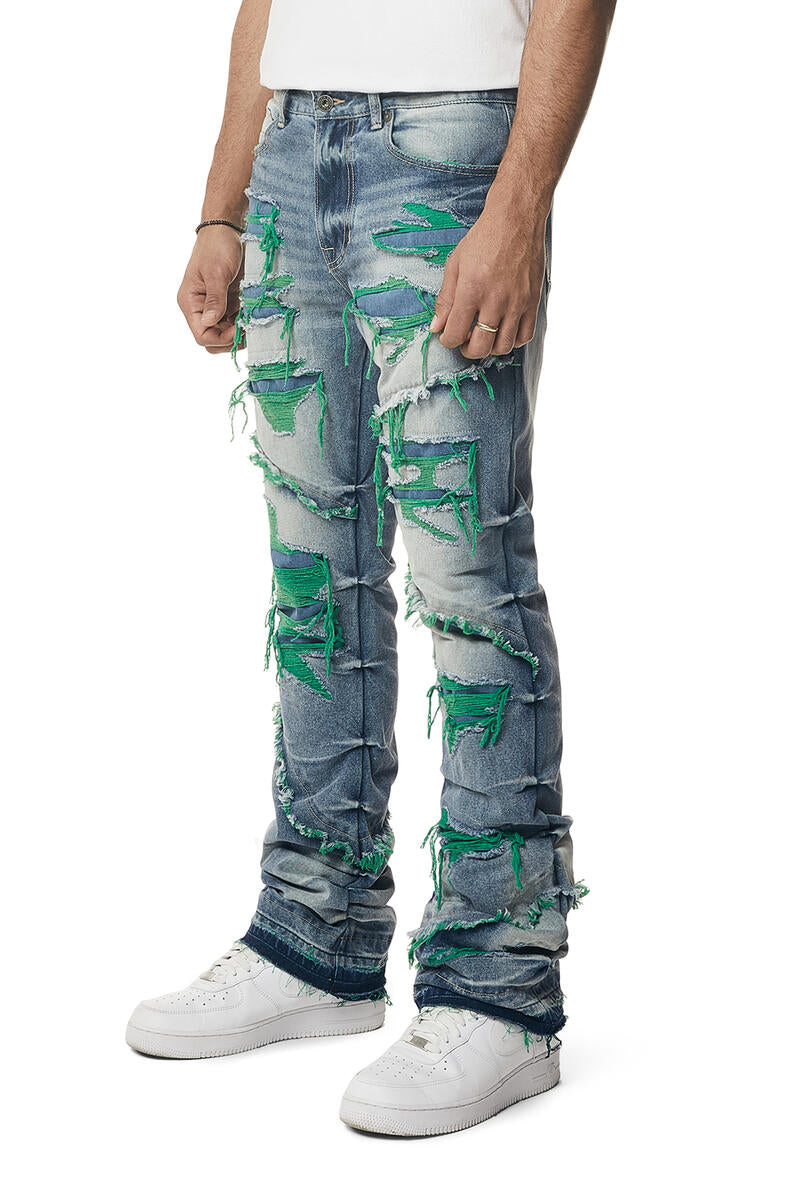 Smoke Rise Color Weft Heavy R&R Stacked Flare Green Jeans