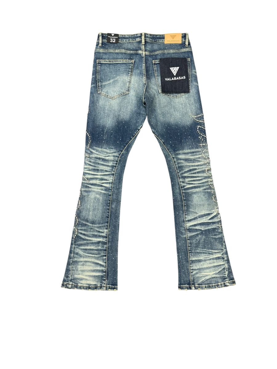 Valabasas Lattice Dark Blue Flare Stacked Jeans