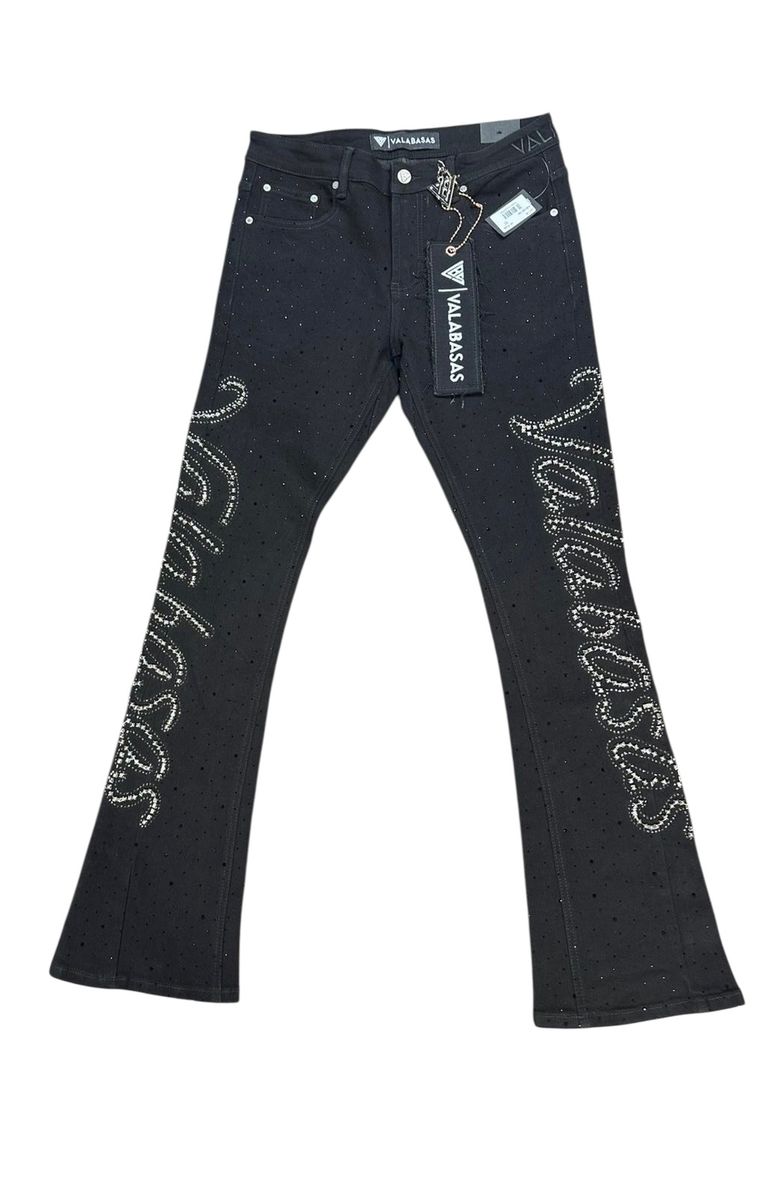 Valabasas Lattice Jet Black Flare Stacked Jeans