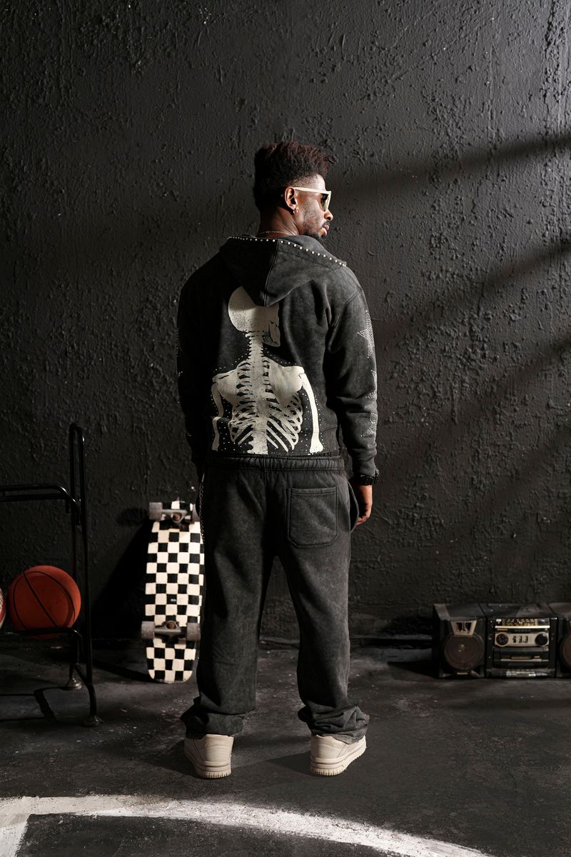 Elite Premium Skull Premium Heavy GSM Men's Wash Black Track Set