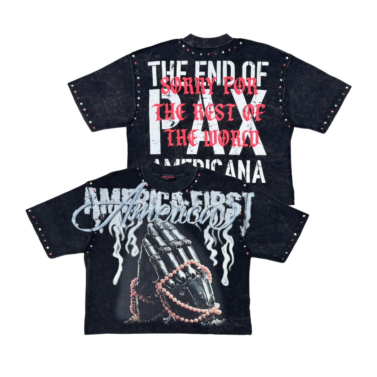 Pare Peace Print Rhinestone Thermal Black T-Shirt