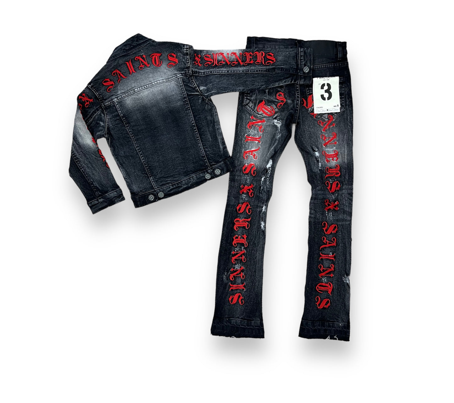 FWRD SAINT X SINNERS WASH.BLACK/RED STACKED FLARE JEANS BOY'S