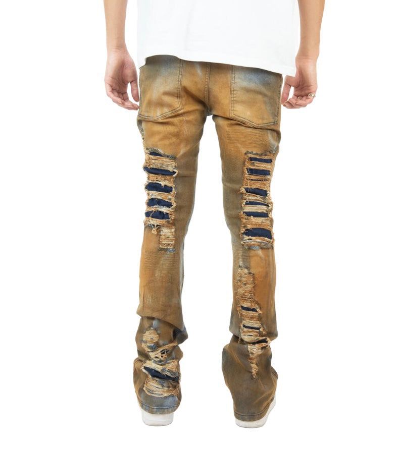 R3BEL RIPPED RUST STACKED FLARE DENIM