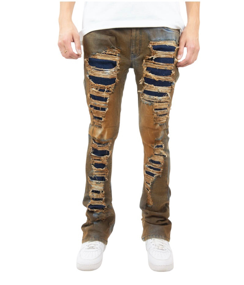 R3BEL RIPPED RUST STACKED FLARE DENIM