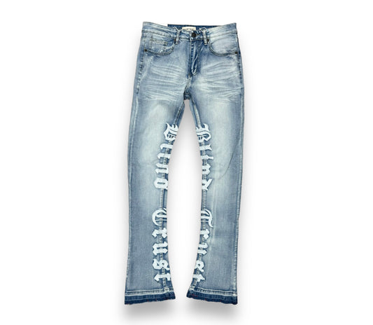 Blind Trust Embroidered Stacked Flare Jeans Blue Wash