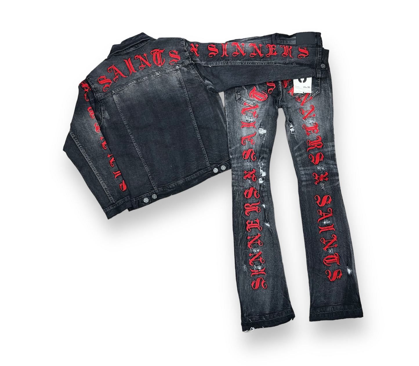 FWRD Saint X Sinners Wash.Black/Red Stacked Flare Jeans