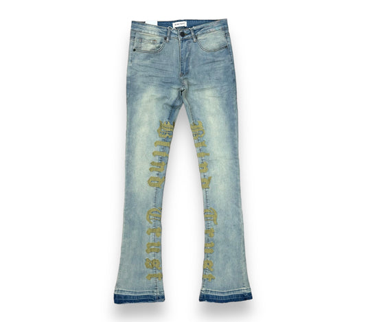 Blind Trust Embroidered Stacked Flare Jeans Vintage Wash