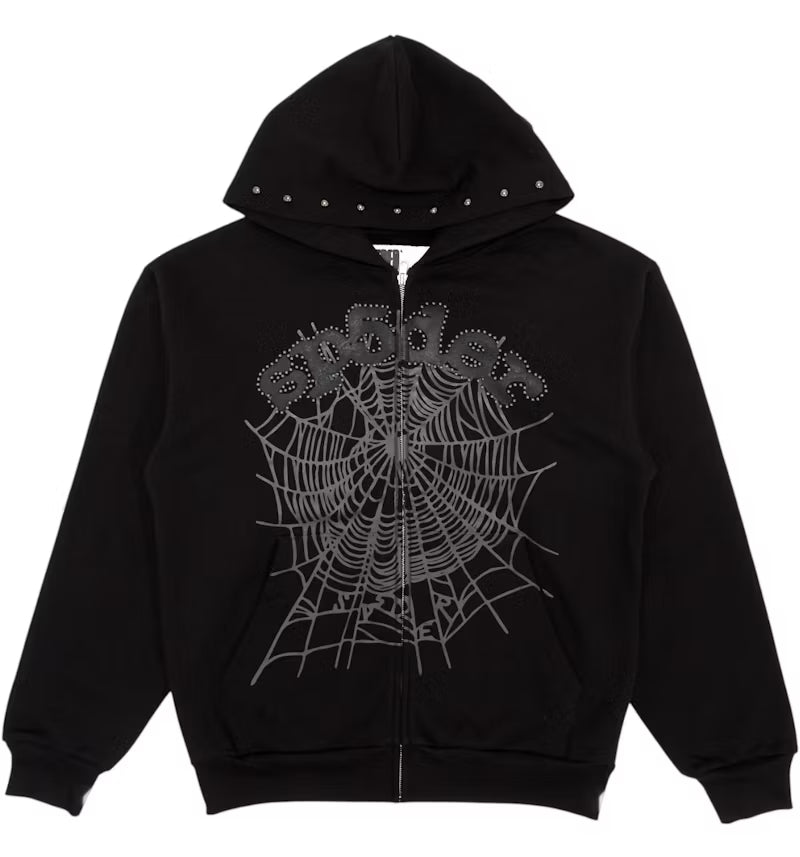Sp5der OG Web Studded Zip Hoodie Black