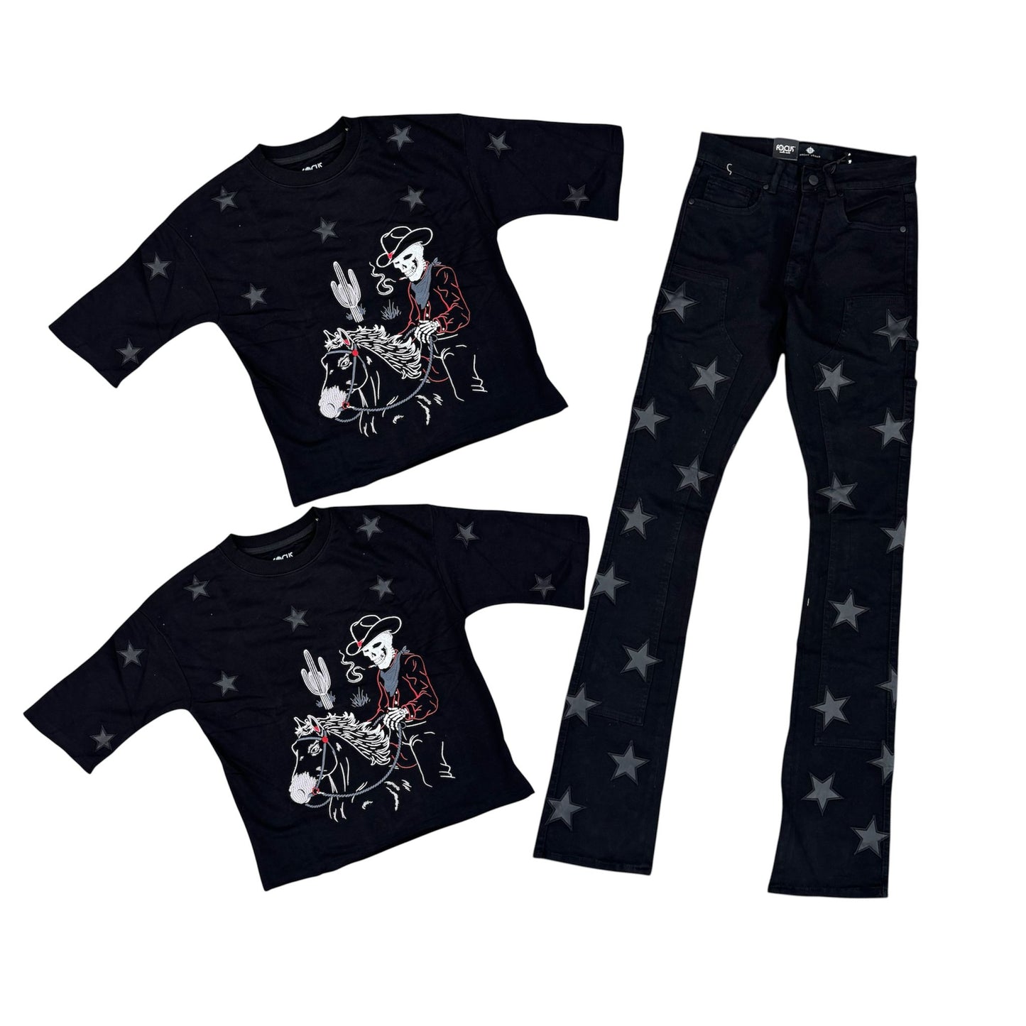 Focus Denim All Over Stars Black Flare Stacked