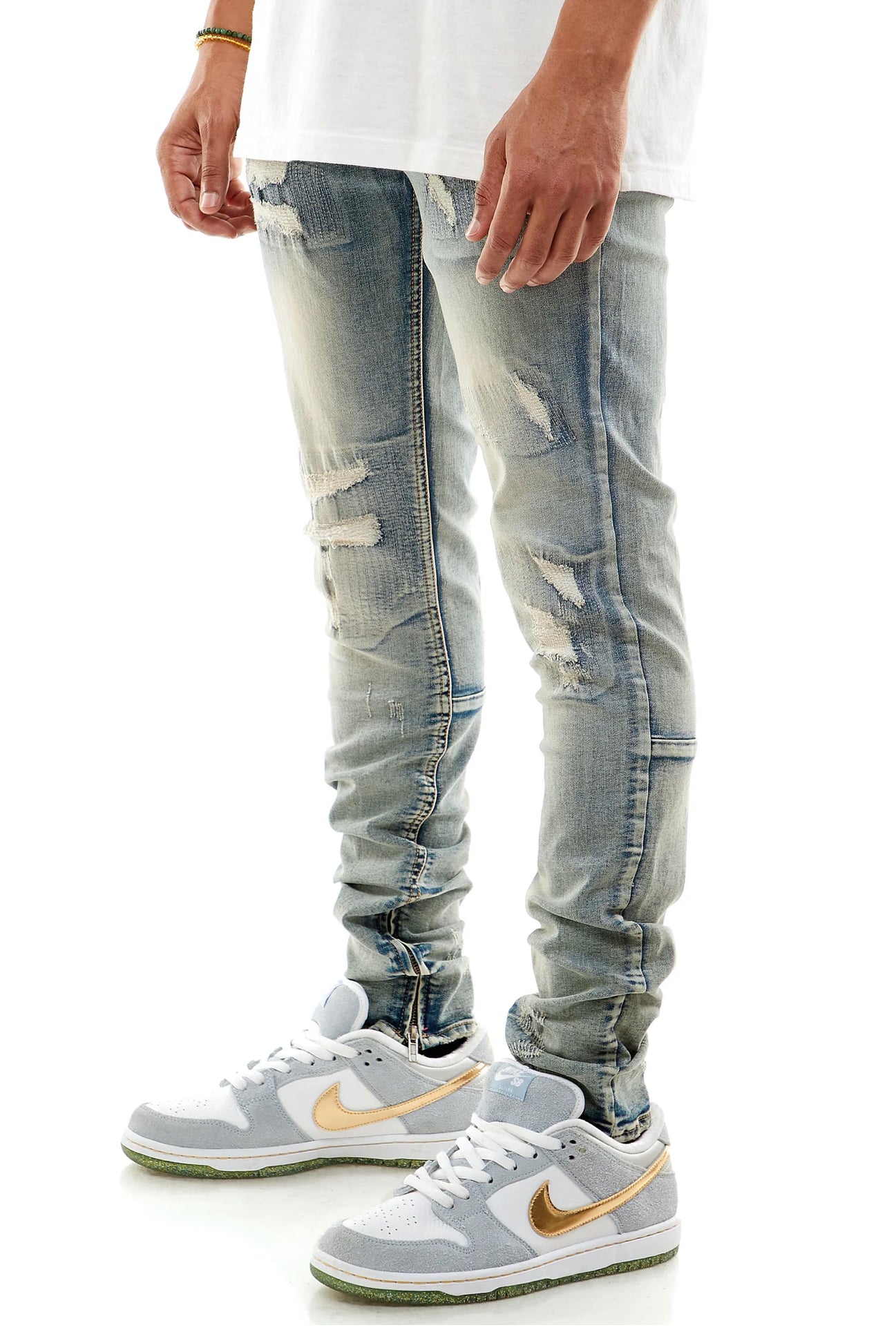 KDNK AOS Ankle Zip Plaid Jeans Blue