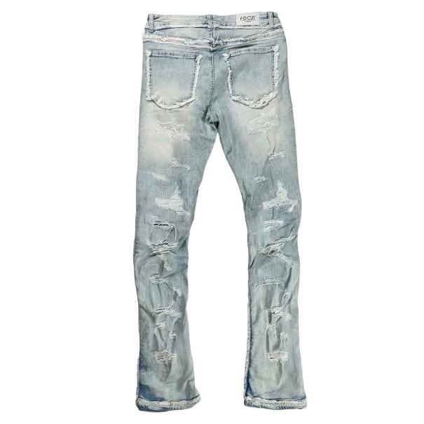 Focus Denim Heavy Distressed Ice Blue Stacked Flare
