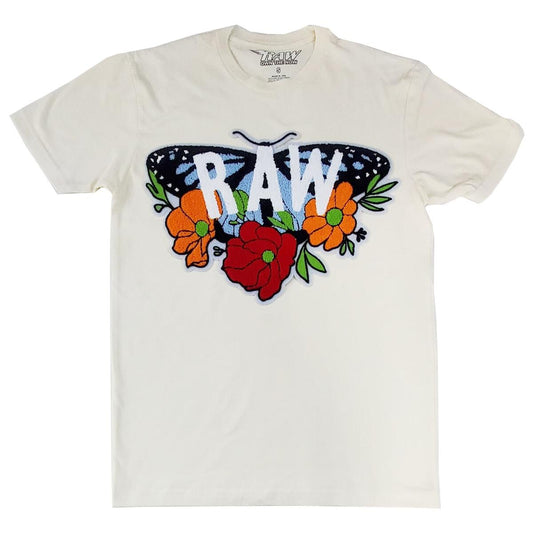 Rawyalty Men RAW Butterfly Chenille Crew Neck T-Shirts - Cream