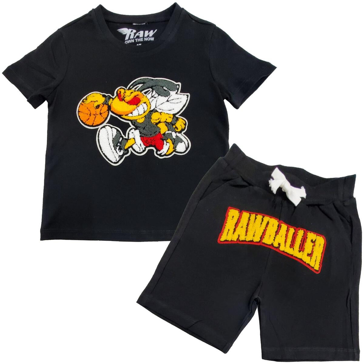 Rawyalty Kids Rawballer Chenille T-Shirts And Cotton Shorts Set Black