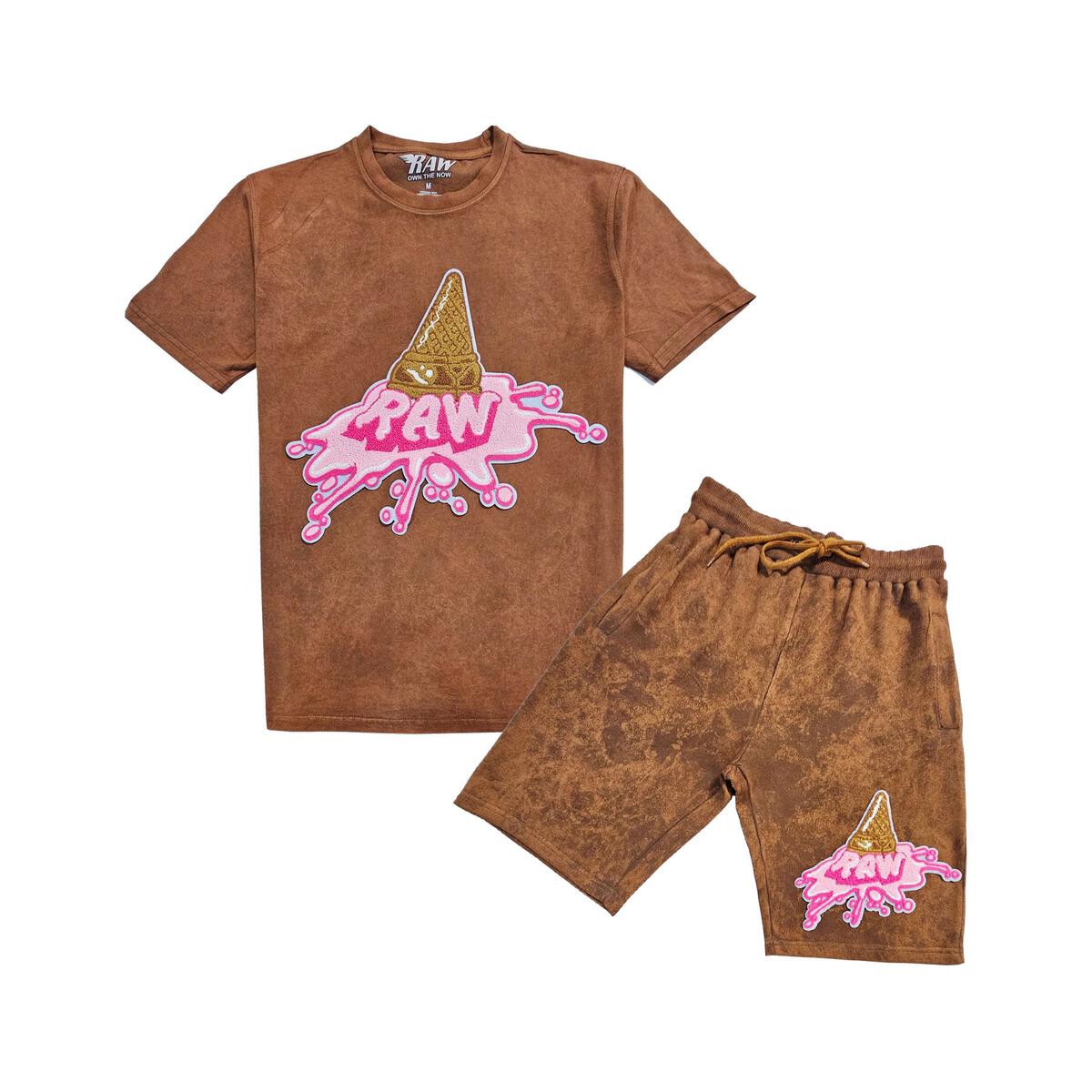 Rawyalty Men's  Brown Ice Cream  Chenille Crew Neck T-Shirts And Cotton Shorts Set