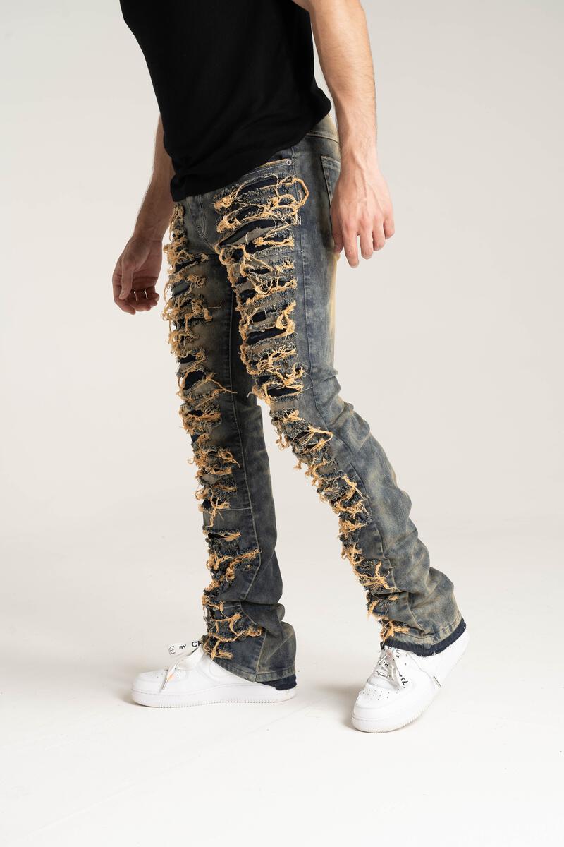 Taker Stacked Jeans With Multi Rip/Pepair Vintage