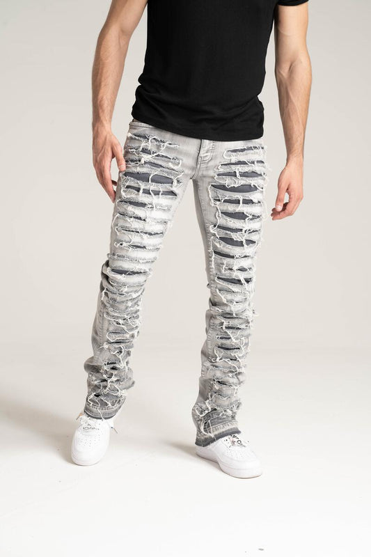 Taker Stacked Jeans With Multi Rip/Pepair light Grey