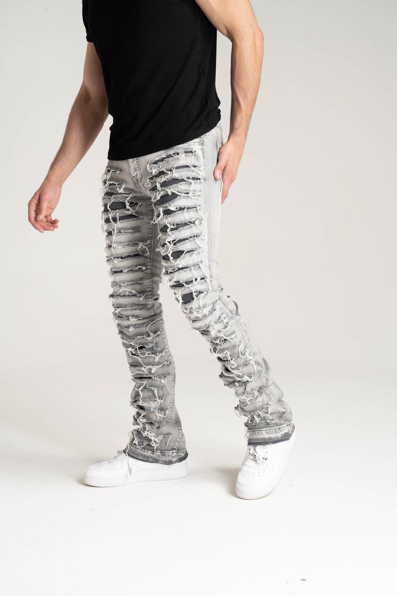 Taker Stacked Jeans With Multi Rip/Pepair light Grey