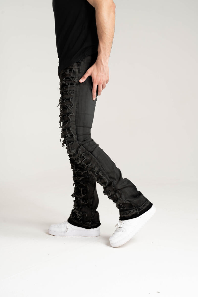 Taker Stacked Jeans With Multi Rip/Pepair Black