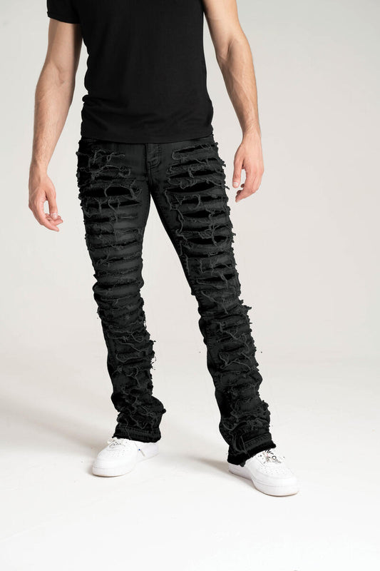 Taker Stacked Jeans With Multi Rip/Pepair Black