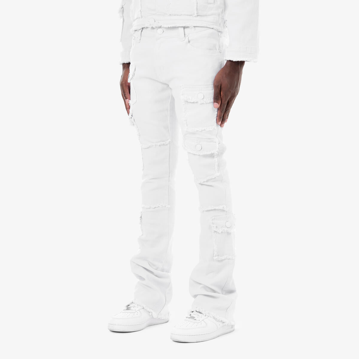 Copper Rivet White Multi Pockets Stacked Flare White Denim Jeans
