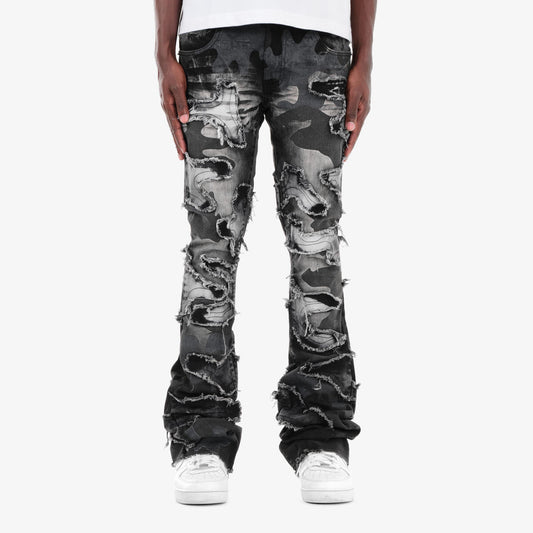 COPPER RIVET CAMO  STACKED FLAER WHITE JEANS