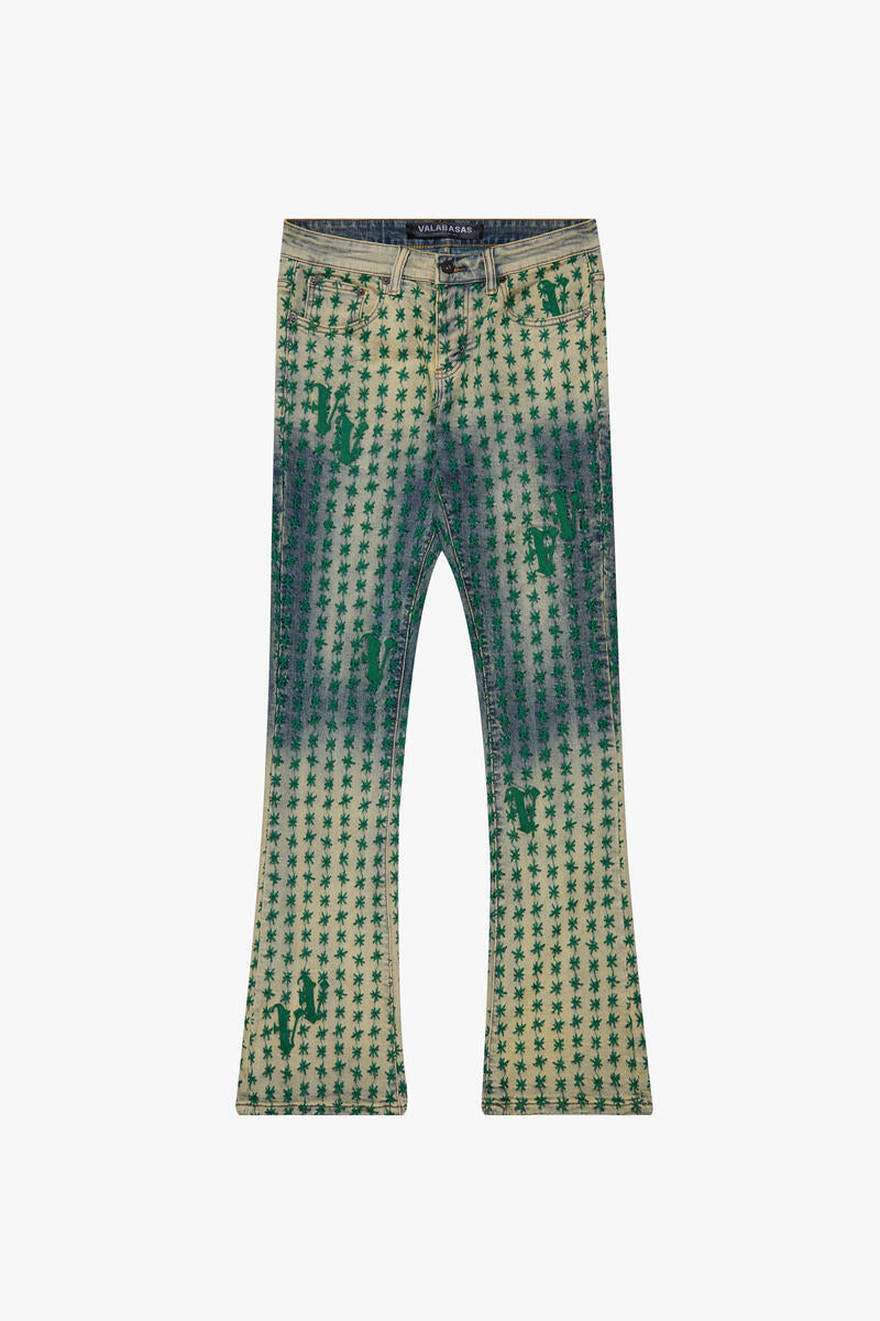 Valabasas "Asterisk" Blue / Green Stacked Flare Jean