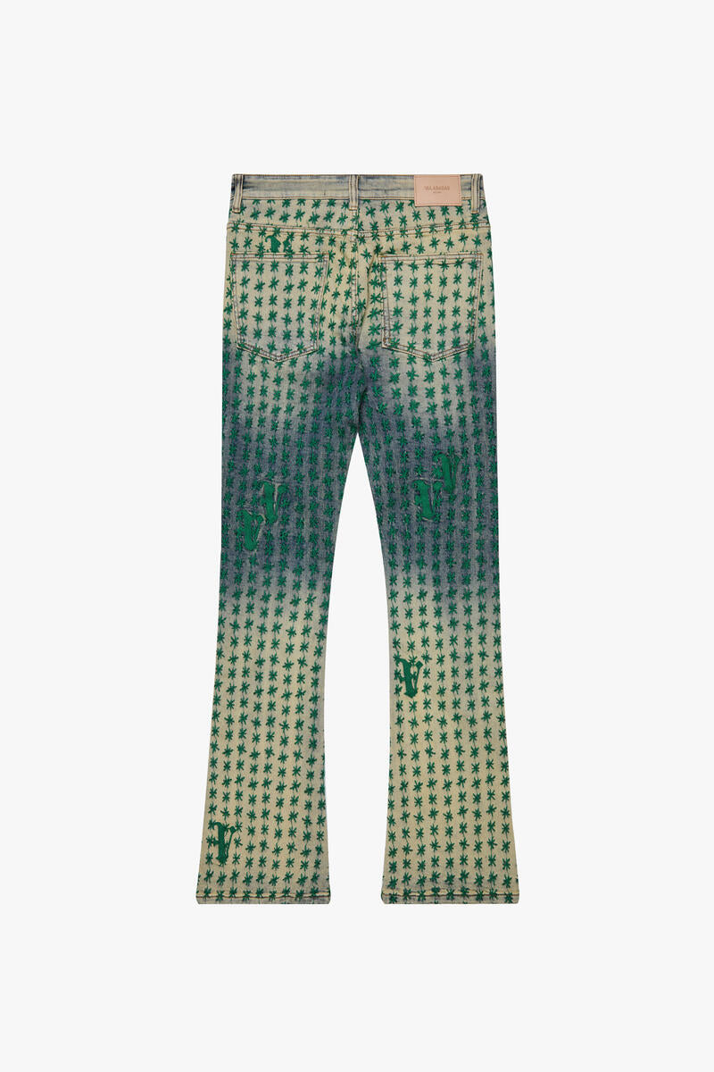 Valabasas "Asterisk" Blue / Green Stacked Flare Jean