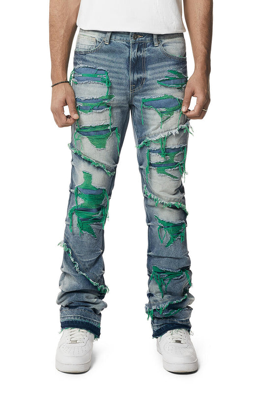 Smoke Rise Color Weft Heavy R&R Stacked Flare Green Jeans