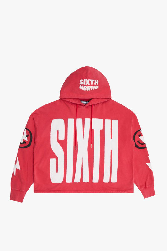 6th Nbrhd "Patches" Wash Red Cropped Pullover