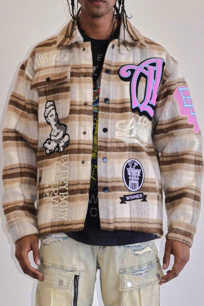 First Row Art League Multi Patches Shacket " Brown Jacket"