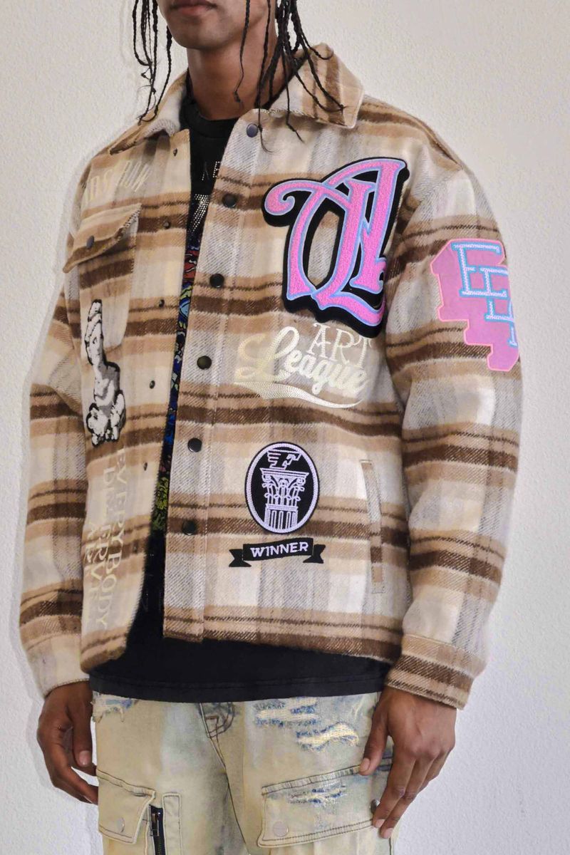 First Row Art League Multi Patches Shacket " Brown Jacket"