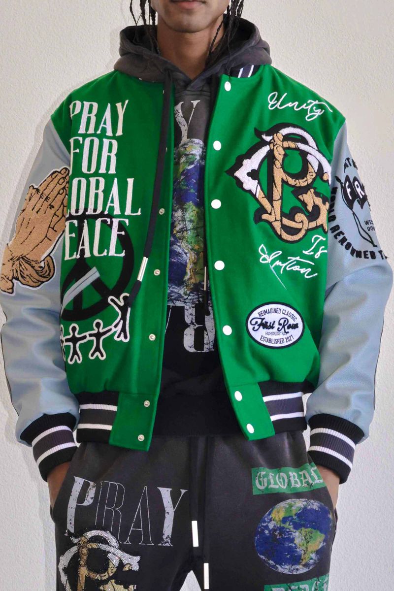 First Row Global Peace Multi Patches Varsity Jacket