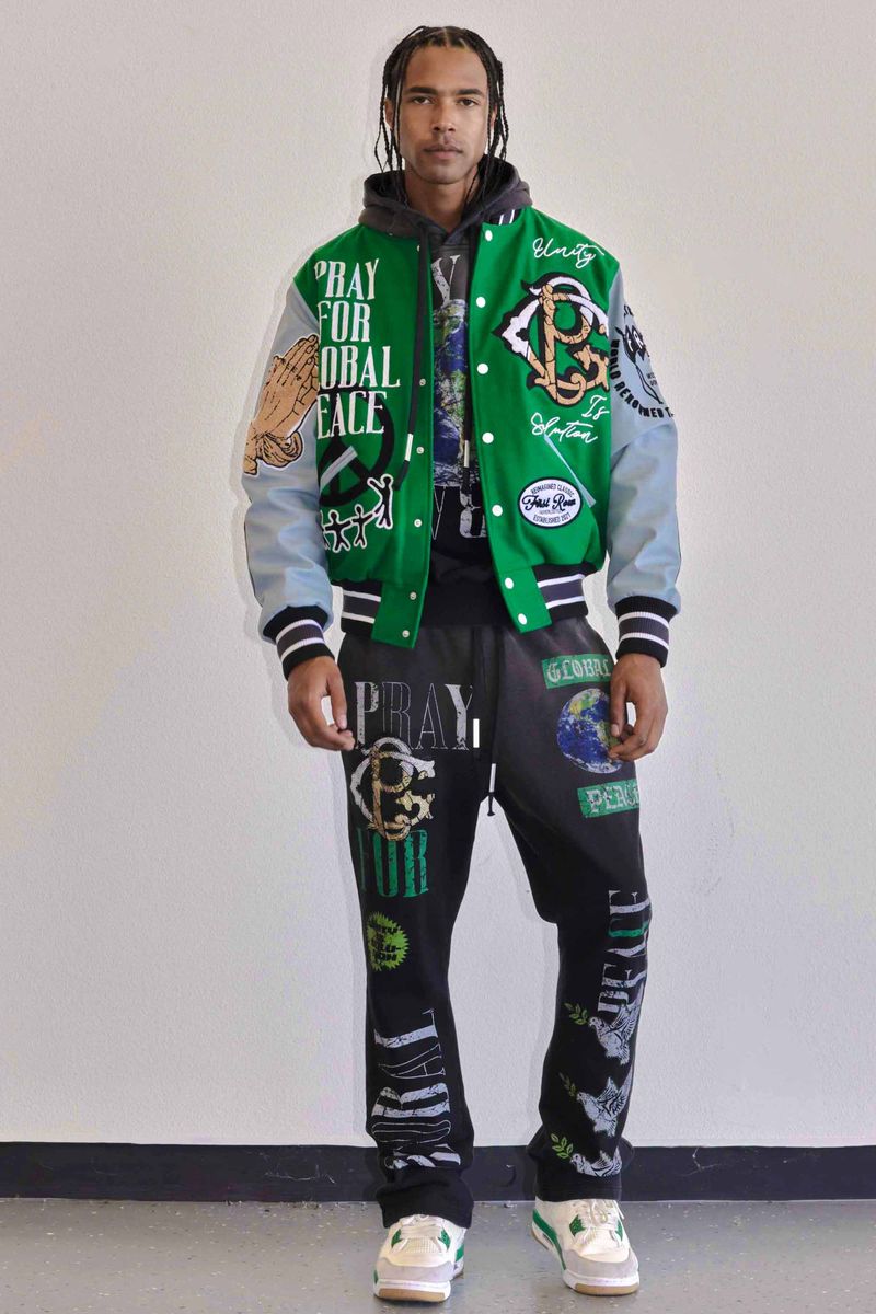 First Row Global Peace Multi Patches Varsity Jacket