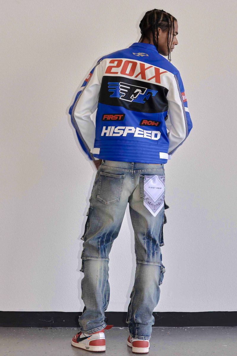 First Row Contrast Motor Racing Leather "Blue Jacket "