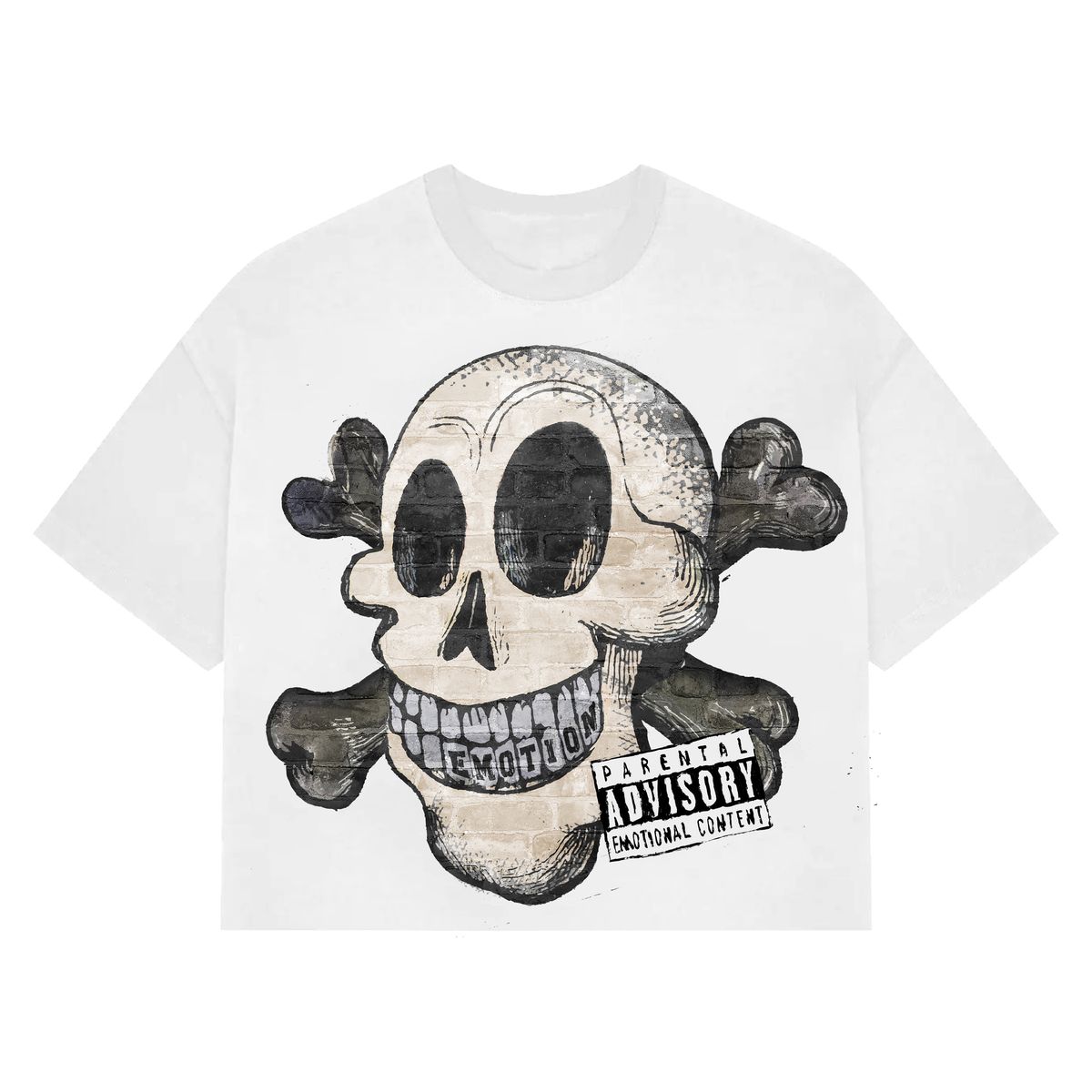 Mixed Emotion Pirate Skeleton Cartoon Cropped White Tee