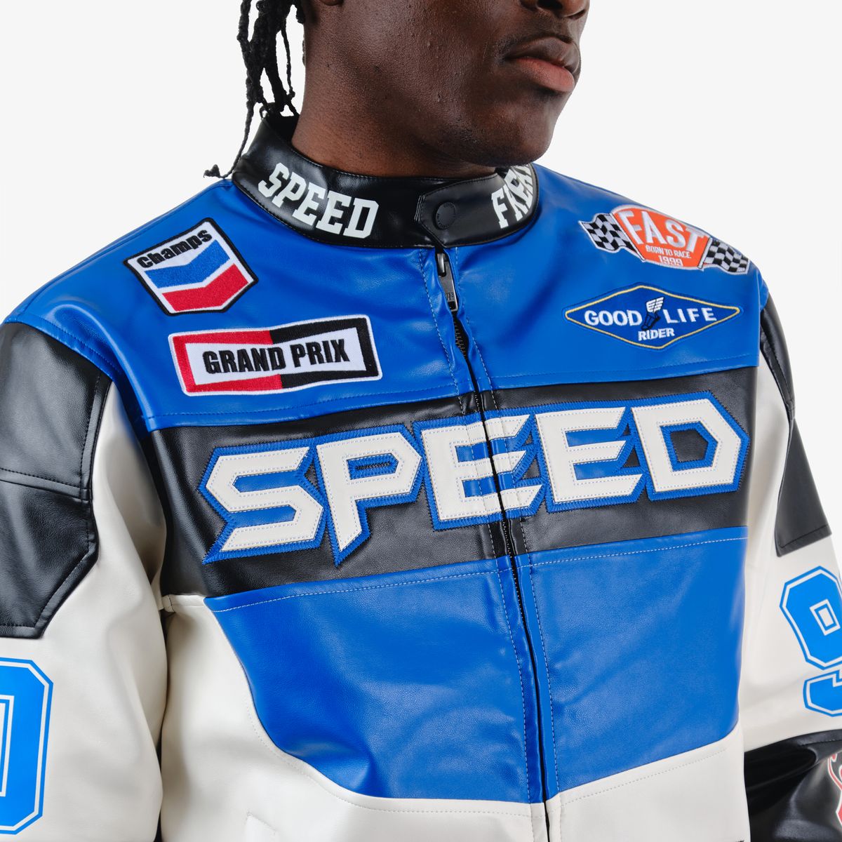 Copper Rivet Leather Racing Blue Jacket