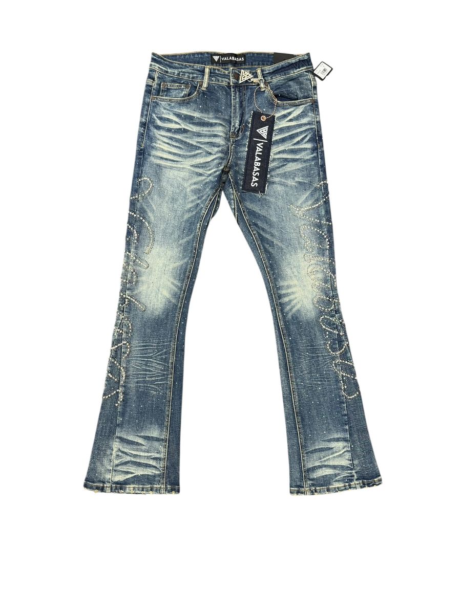 Valabasas Lattice Dark Blue Flare Stacked Jeans