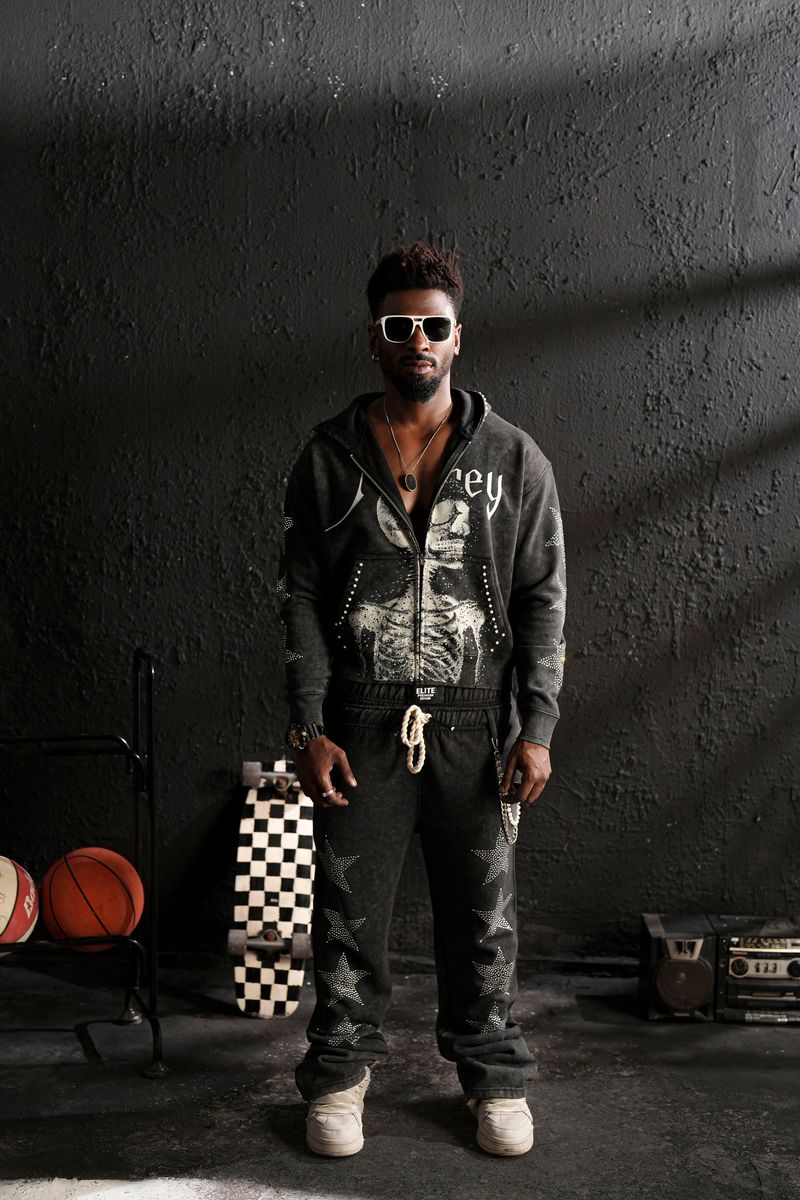 Elite Premium Skull Premium Heavy GSM Men's Wash Black Track Set