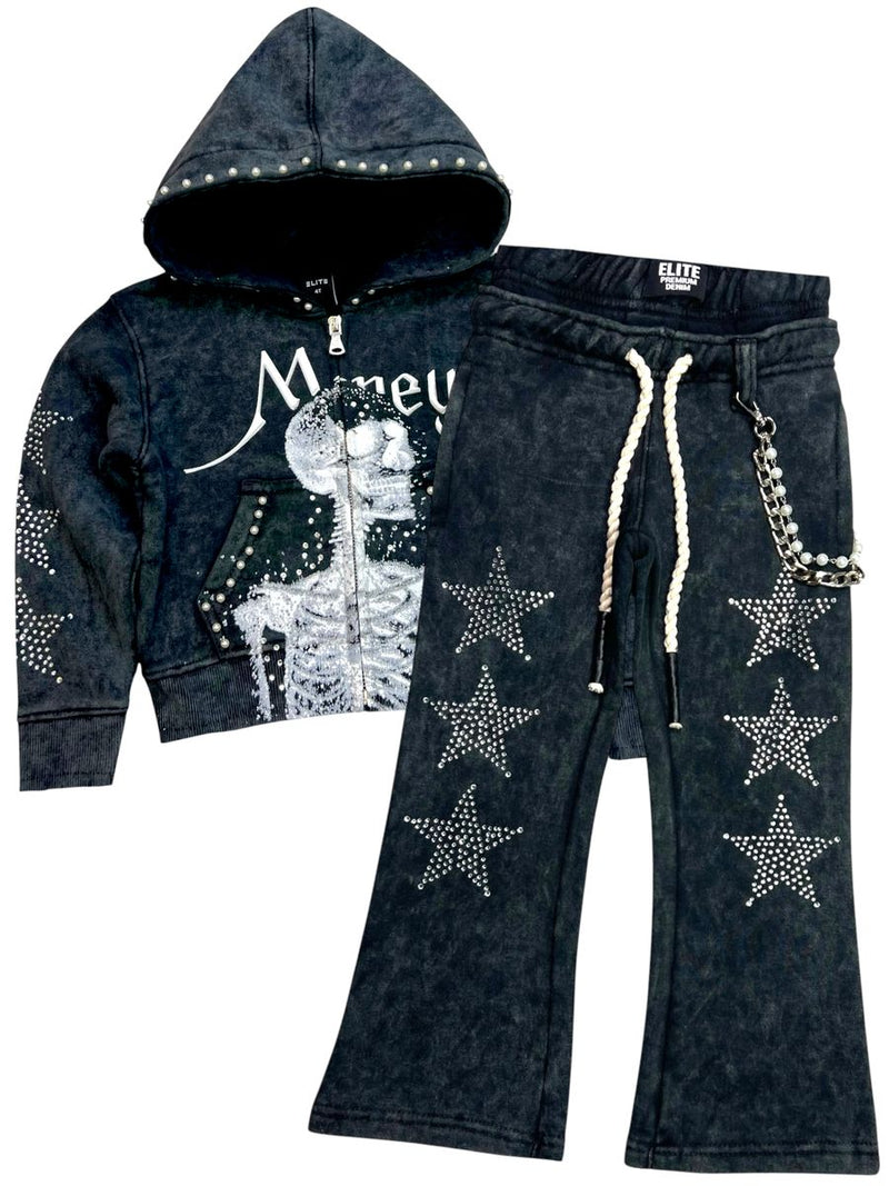 Elite Premium Skull Premium Heavy GSM Kids Wash Black Track Set