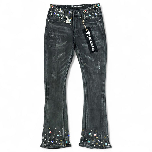 Valabasas Ion  Grey Black Waxed Flare Stacked Jeans