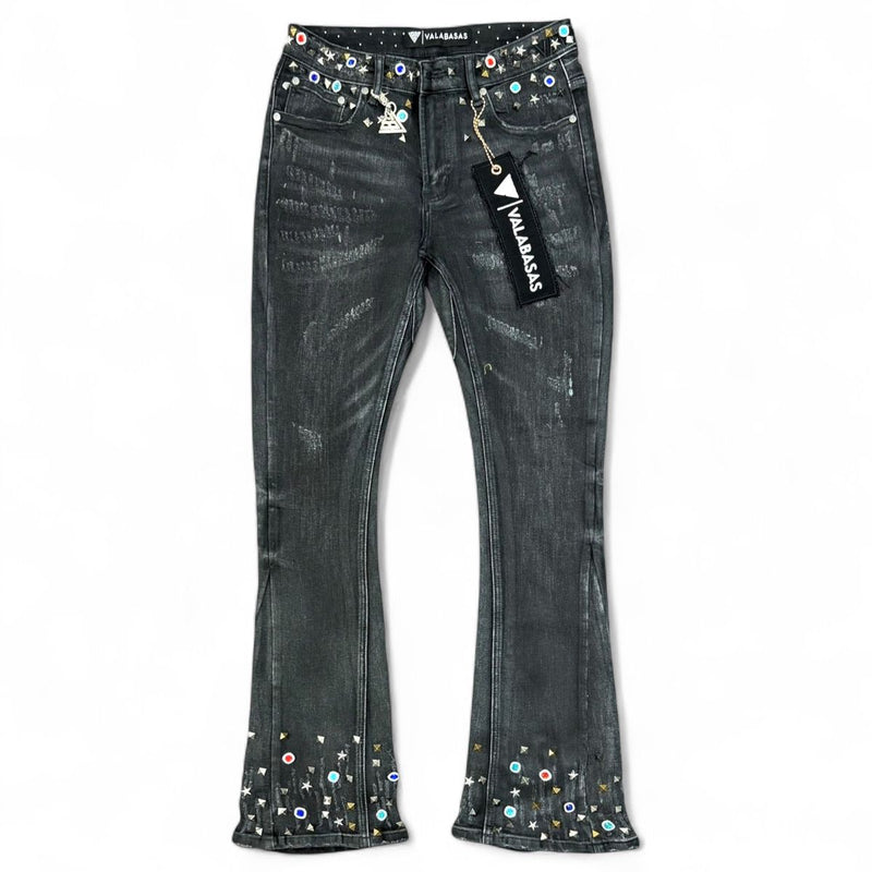 Valabasas Ion  Grey Black Waxed Flare Stacked Jeans