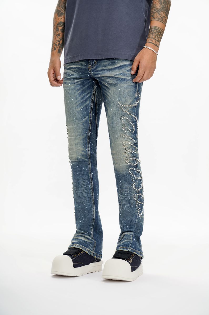 Valabasas Lattice Dark Blue Flare Stacked Jeans
