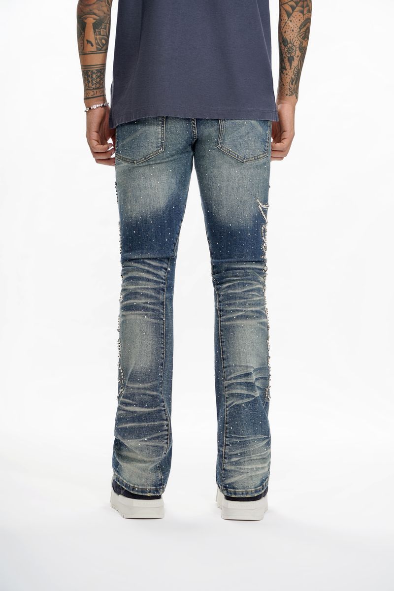 Valabasas Lattice Dark Blue Flare Stacked Jeans