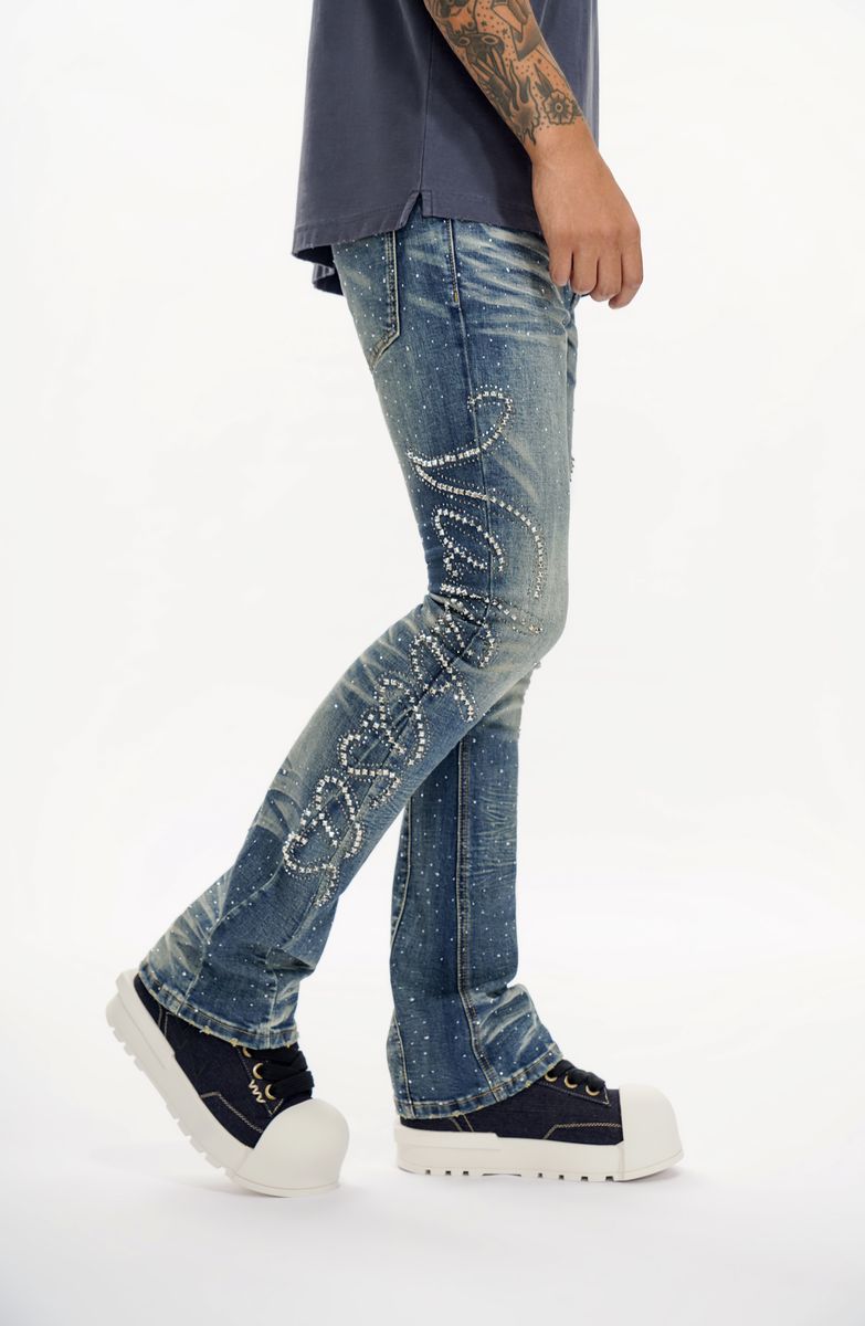 Valabasas Lattice Dark Blue Flare Stacked Jeans
