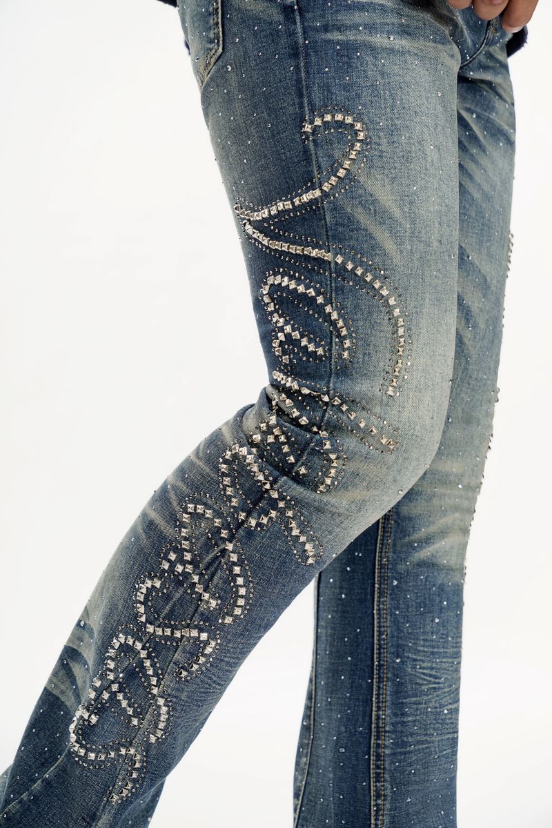 Valabasas Lattice Dark Blue Flare Stacked Jeans