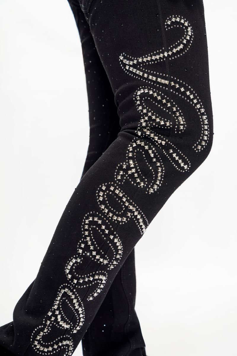 Valabasas Lattice Jet Black  Flare Stacked Jeans
