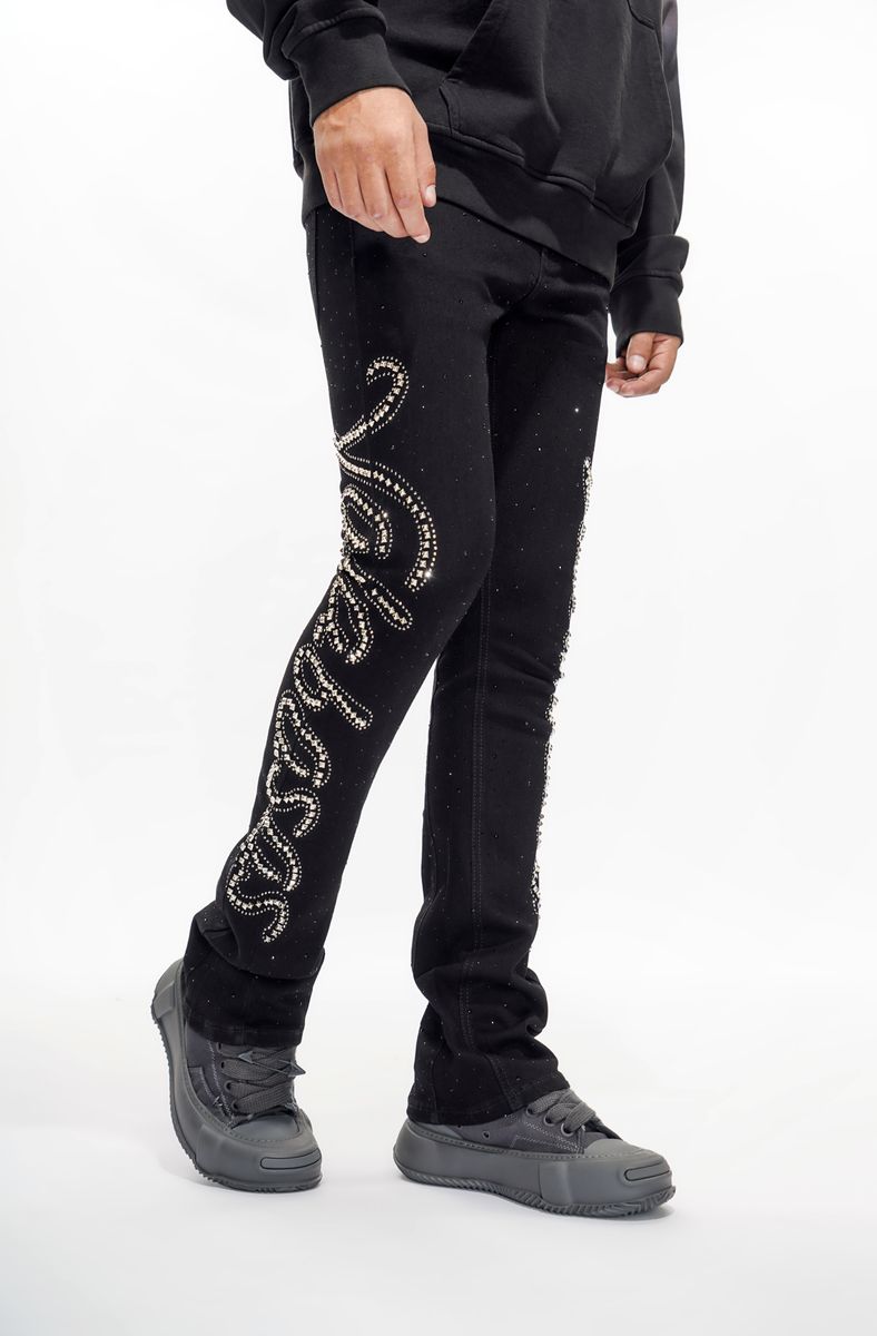 Valabasas Lattice Jet Black  Flare Stacked Jeans