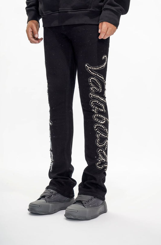 Valabasas Lattice Jet Black  Flare Stacked Jeans